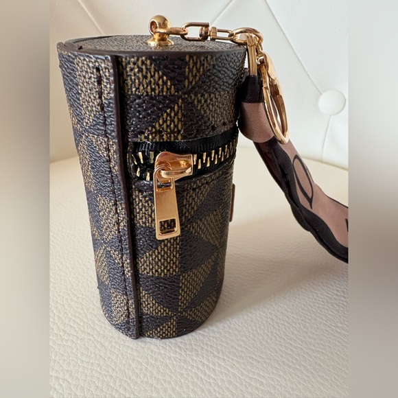 Fashion Print Mini Zip Barrel Purse Keychain Charm Brown Black Mini Scarf Accent - Picture 4 of 8